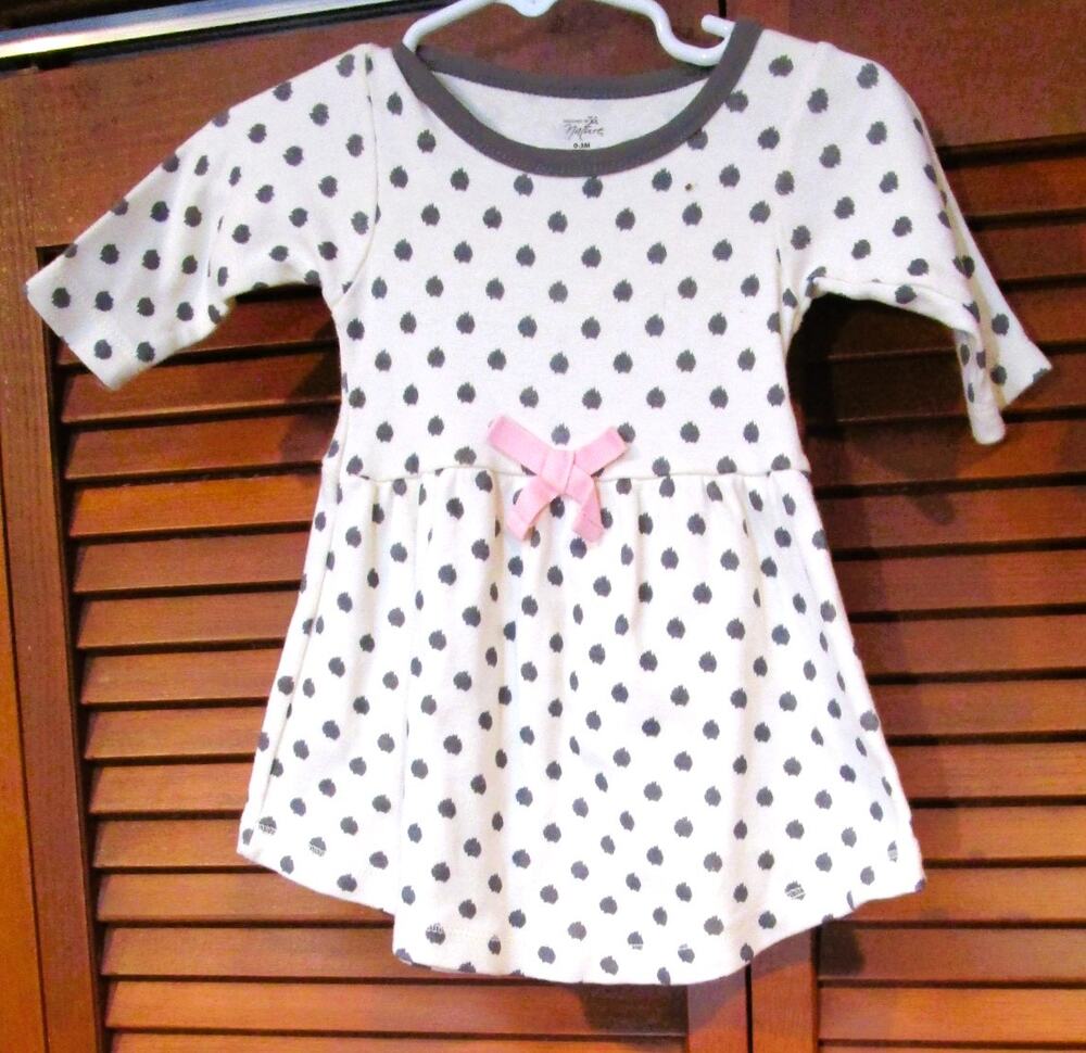 Touched by Nature Infant Girl's Dress White with Gray Dots Pink Bow Size 0-3M